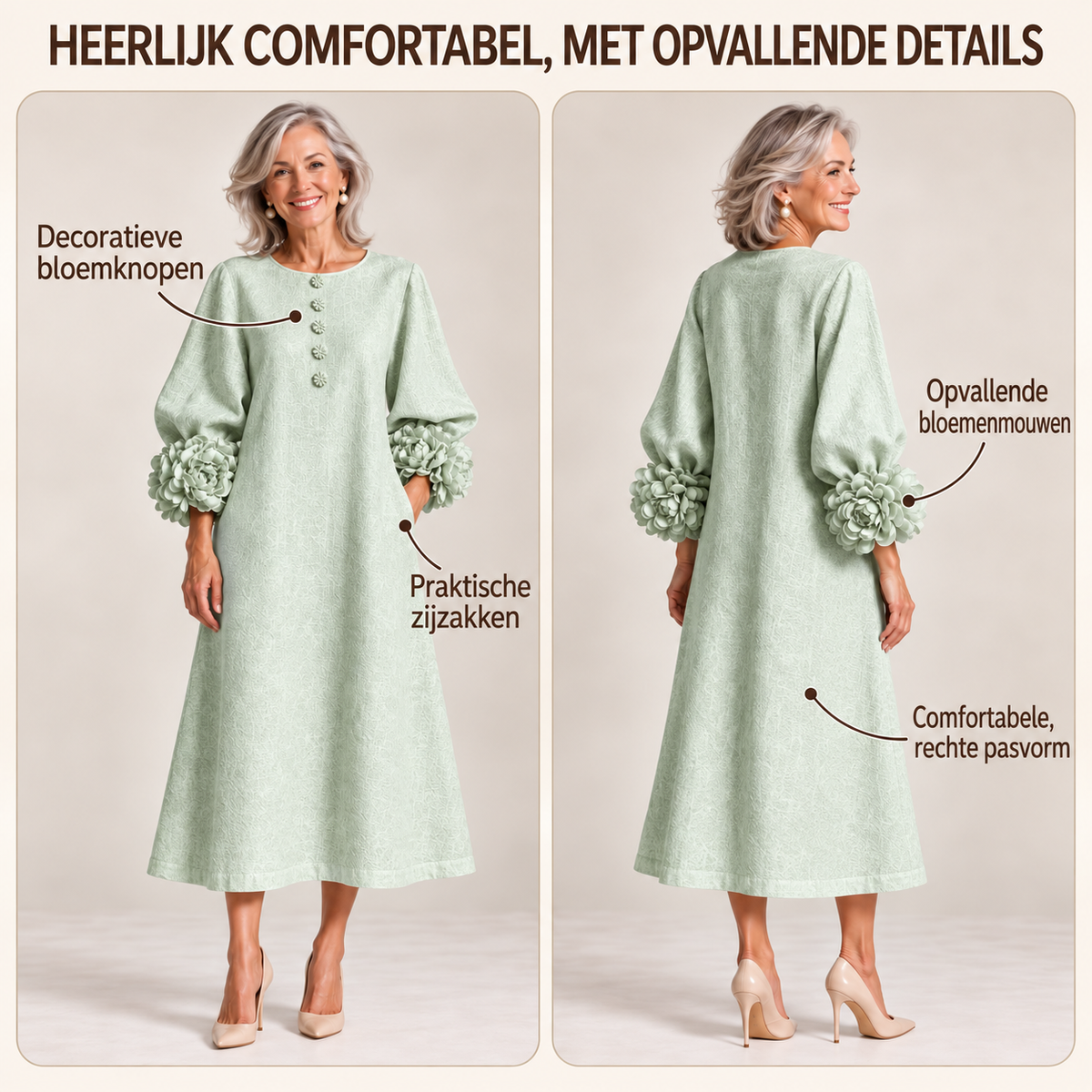 Sage Mist Bloemen Knop-down Midi Jurk Met Opvallende Bloemen Manchetten