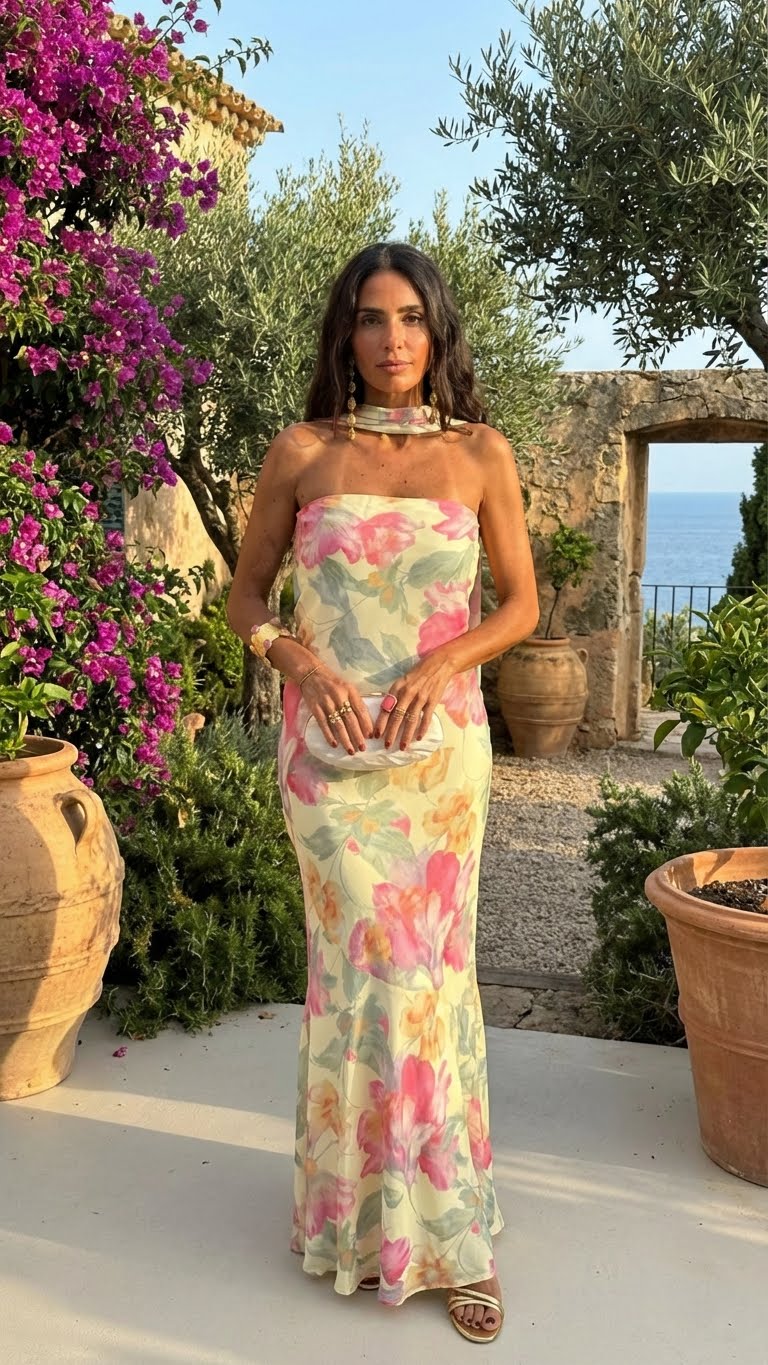 CAPRI | Lange Strapless Jurk Bloemen Aquarel