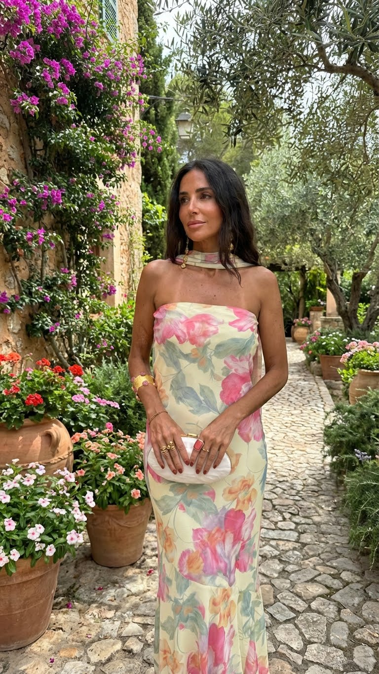 CAPRI | Lange Strapless Jurk Bloemen Aquarel