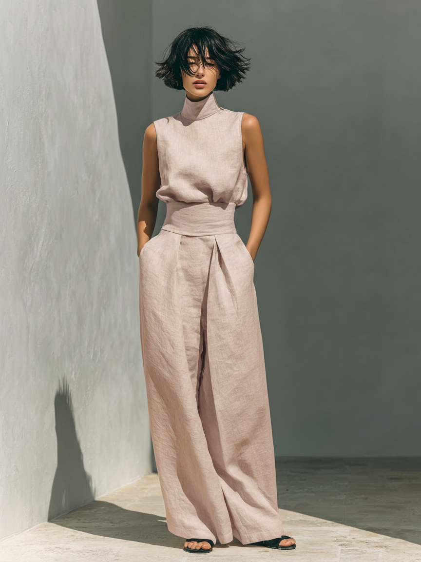 Marieta | Minimalistische set van mouwloze blouse en wijde broek