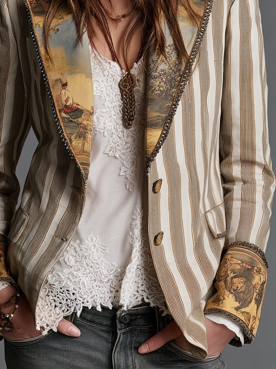Sara | Boheemse Gestreepte Blazer met Gedrukt Kraag