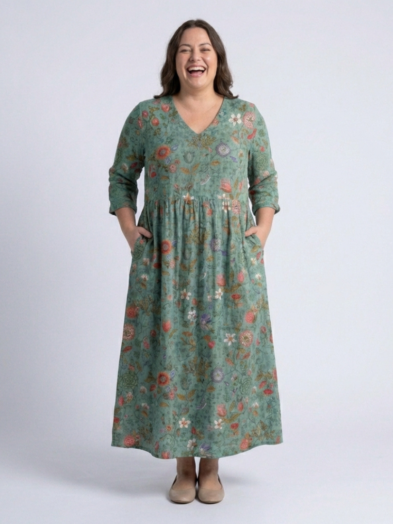Marina | Maxi jurk met V-hals en bloemenprint met driekwartmouwen