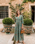 Marina | Maxi jurk met V-hals en bloemenprint met driekwartmouwen