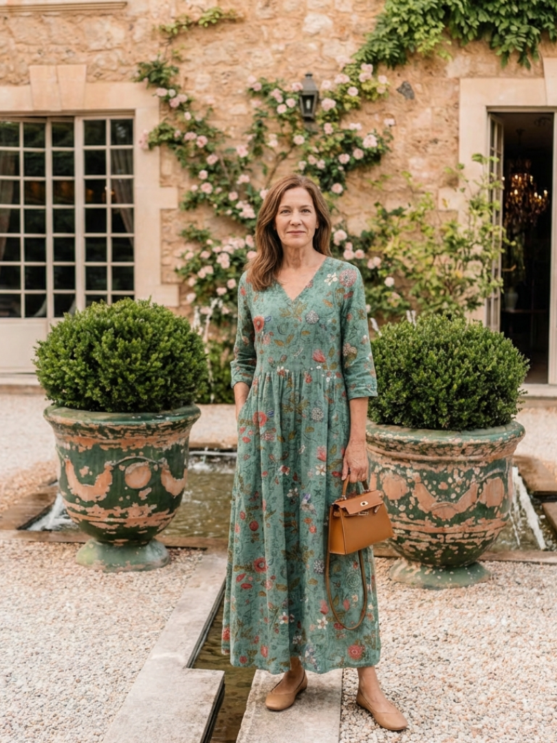 Marina | Maxi jurk met V-hals en bloemenprint met driekwartmouwen