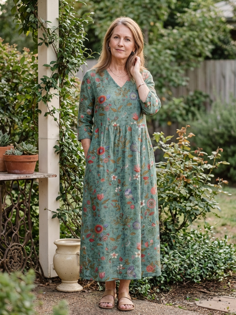 Marina | Maxi jurk met V-hals en bloemenprint met driekwartmouwen