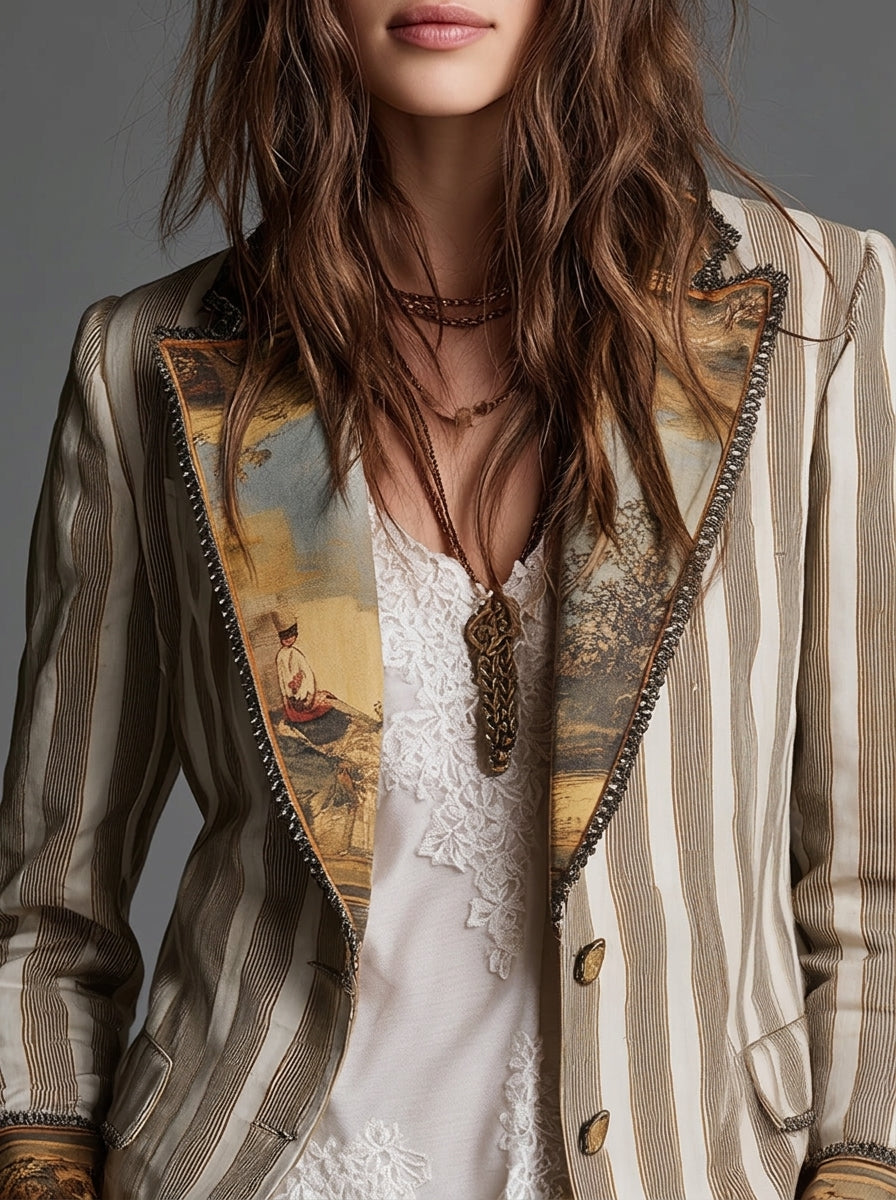 Sara | Boheemse Gestreepte Blazer met Gedrukt Kraag