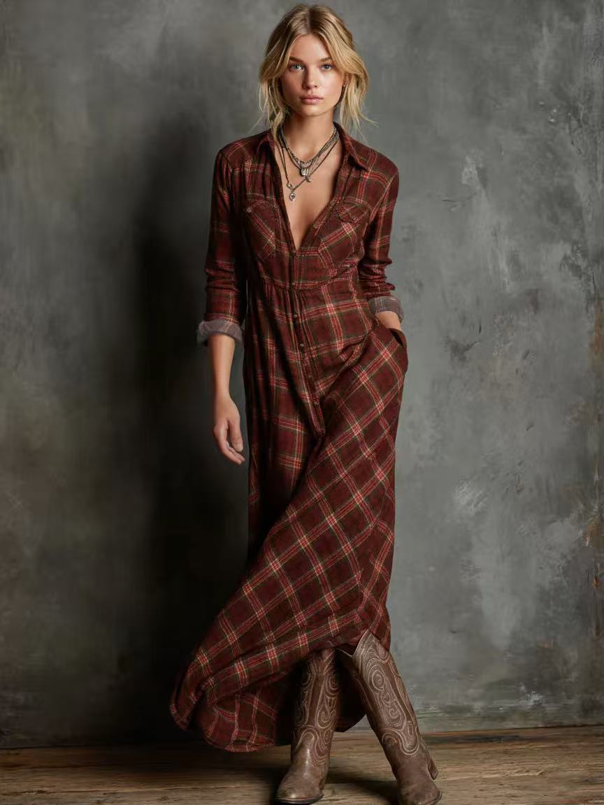 Elin - Geruite Maxi Jurk met lange mouwen