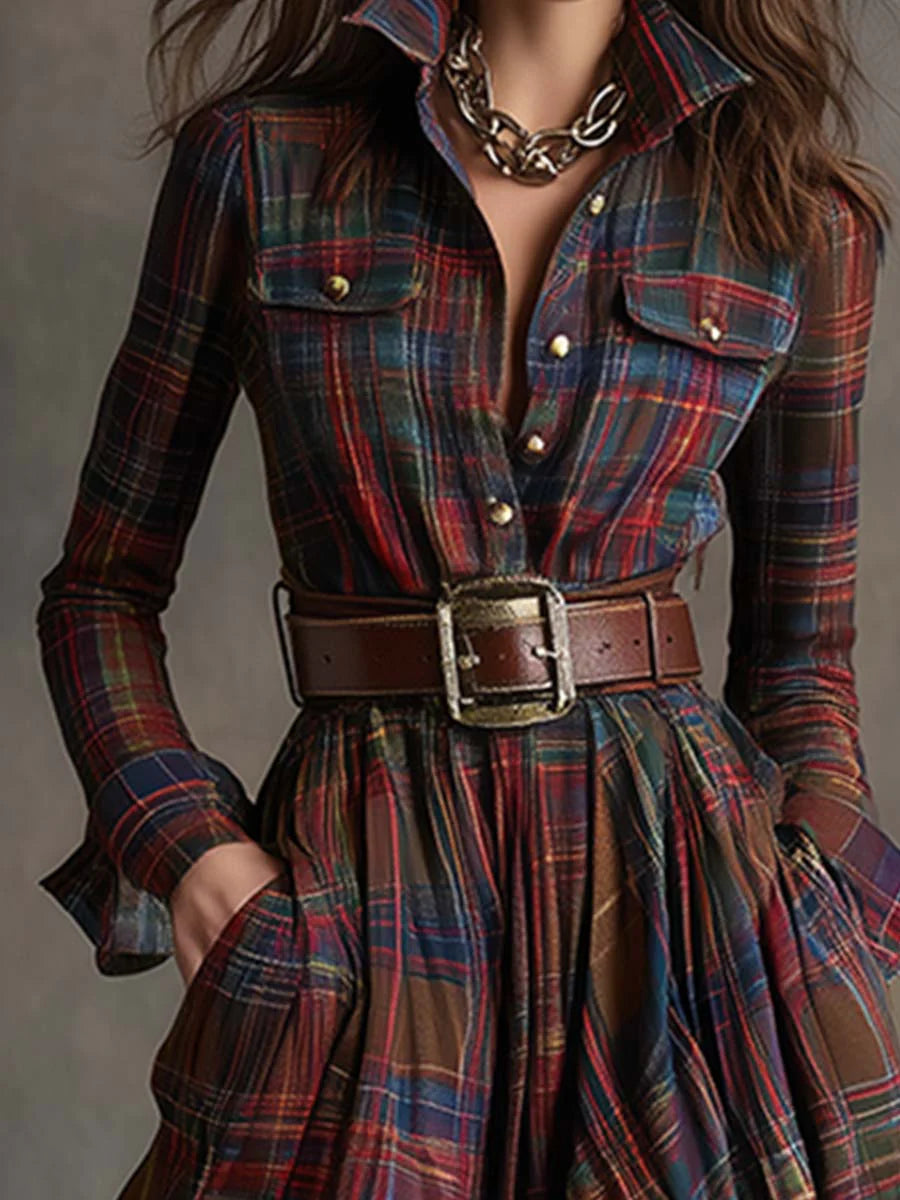 Jessica · Lange geruite jurk met riem