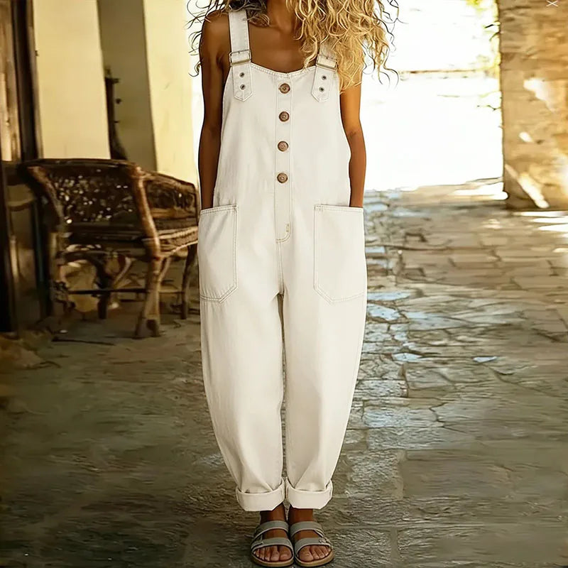 Carmen - Vintage denim jumpsuit van zacht katoen met verstelbare schouderbanden