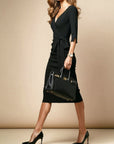 Zwarte V-hals taille-tie slim-fit midi jurk
