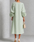 Sage Mist Bloemen Knop-down Midi Jurk Met Opvallende Bloemen Manchetten