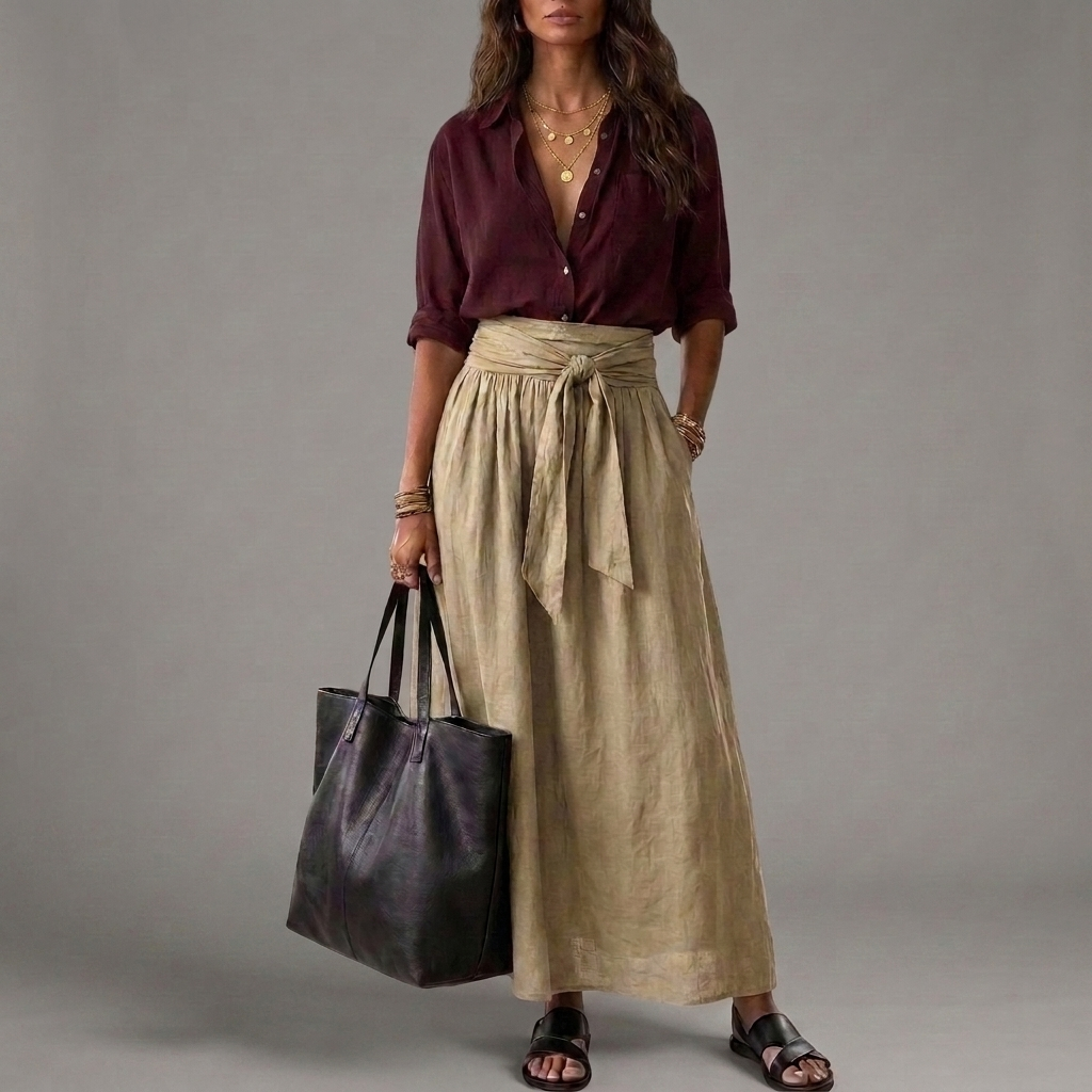 Janna - Twee-delig Set: Zwarte Top en Olijfgroene Midi Rok