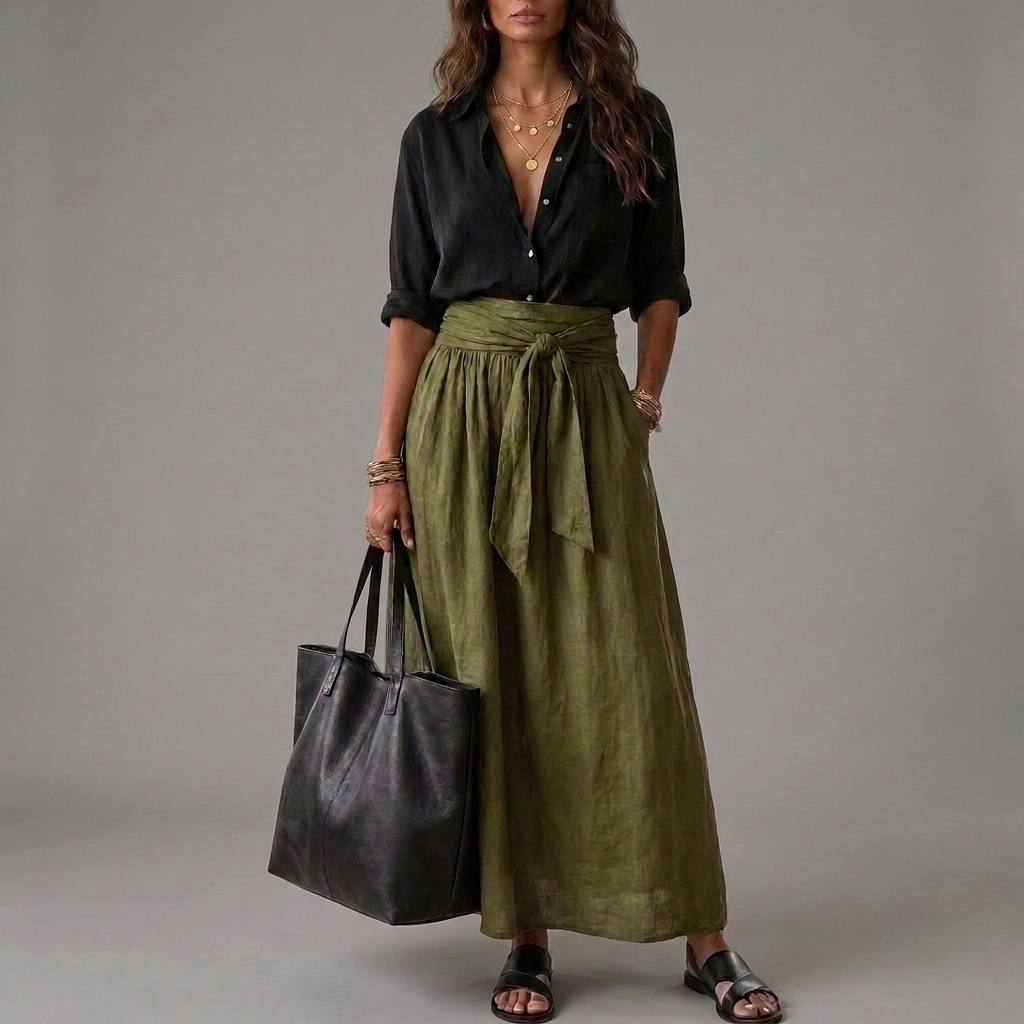 Janna - Twee-delig Set: Zwarte Top en Olijfgroene Midi Rok
