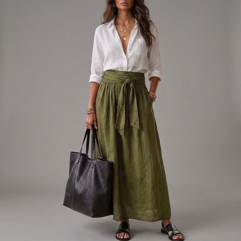 Janna - Twee-delig Set: Zwarte Top en Olijfgroene Midi Rok