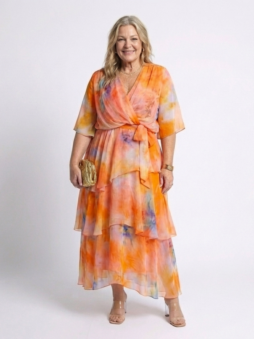 Calista | Maxi jurk van transparant materiaal met V-hals en gestrikte taille