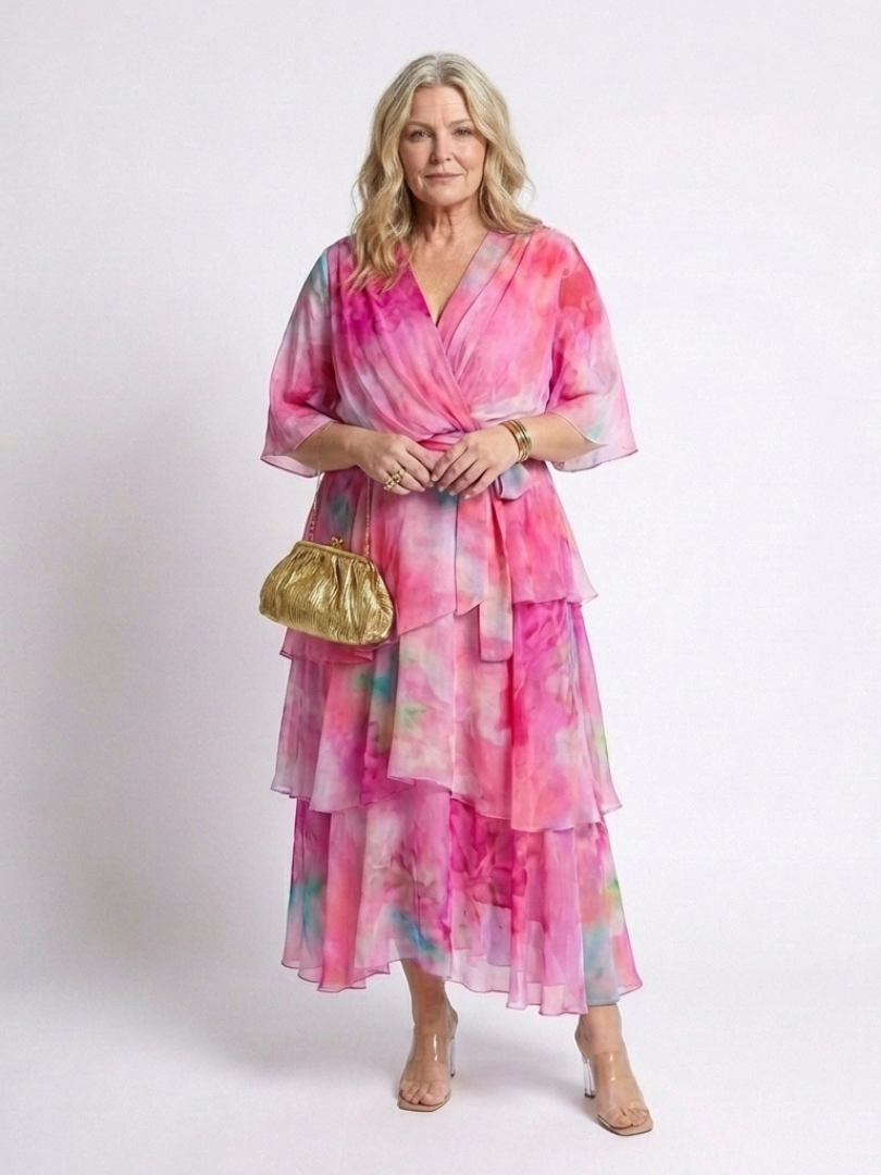 Calista | Maxi jurk van transparant materiaal met V-hals en gestrikte taille