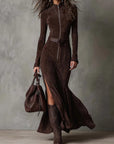 Emmy - Lange bruine jurk met riem