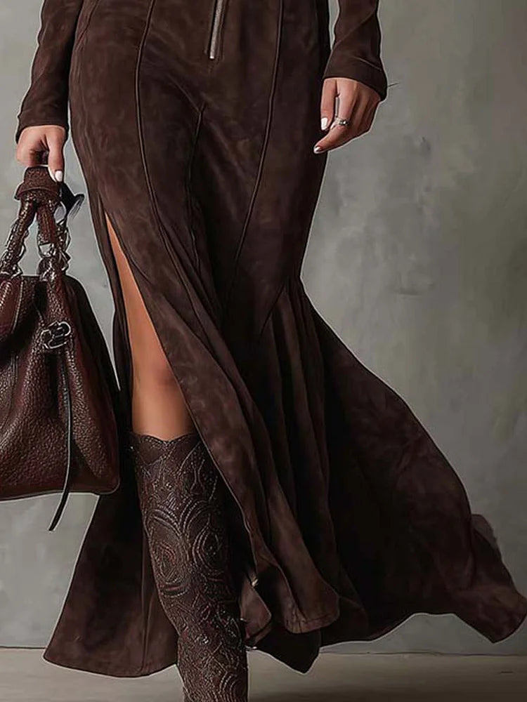 Emmy - Lange bruine jurk met riem
