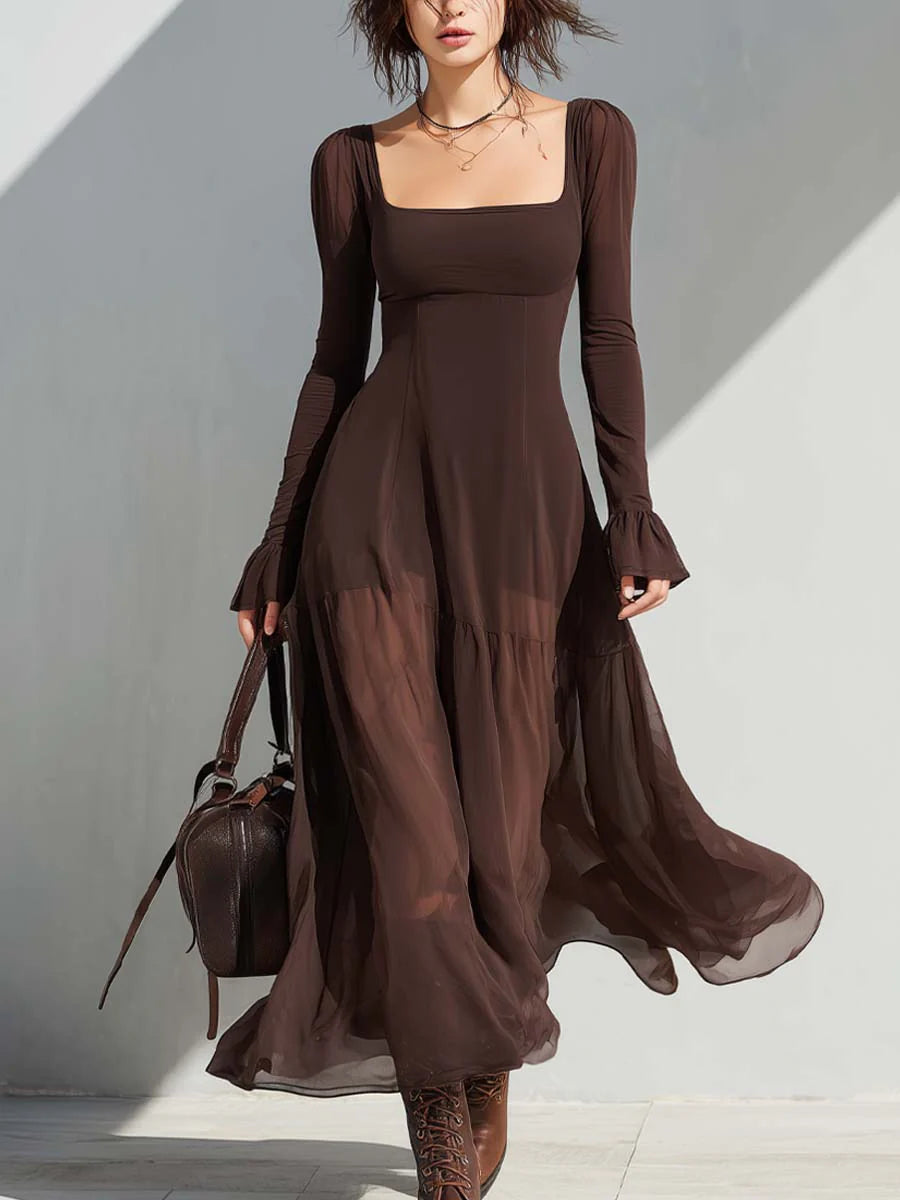 Vintage Vierkante Hals Doorzichtige Mouwen Flare Midi Jurk