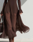 Vintage Vierkante Hals Doorzichtige Mouwen Flare Midi Jurk
