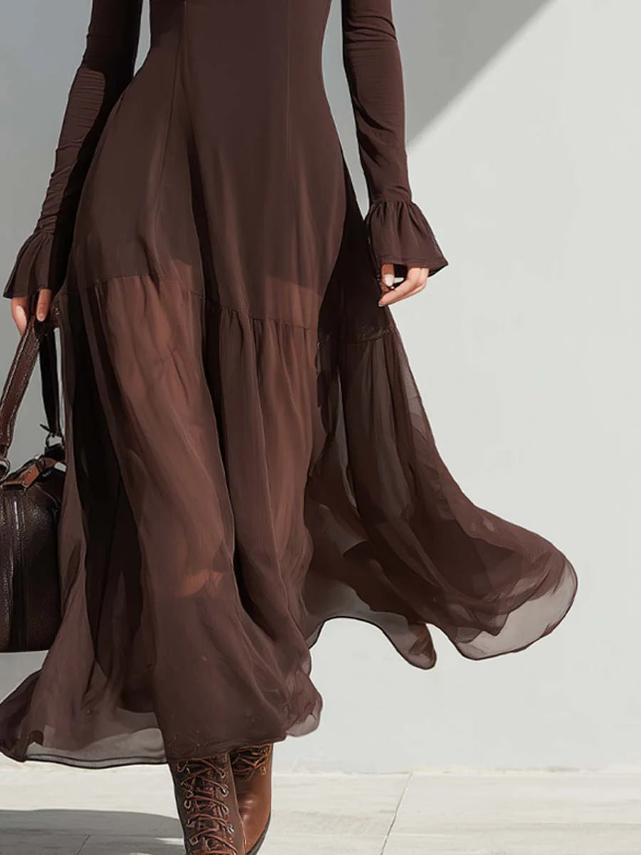 Vintage Vierkante Hals Doorzichtige Mouwen Flare Midi Jurk