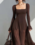 Vintage Vierkante Hals Doorzichtige Mouwen Flare Midi Jurk