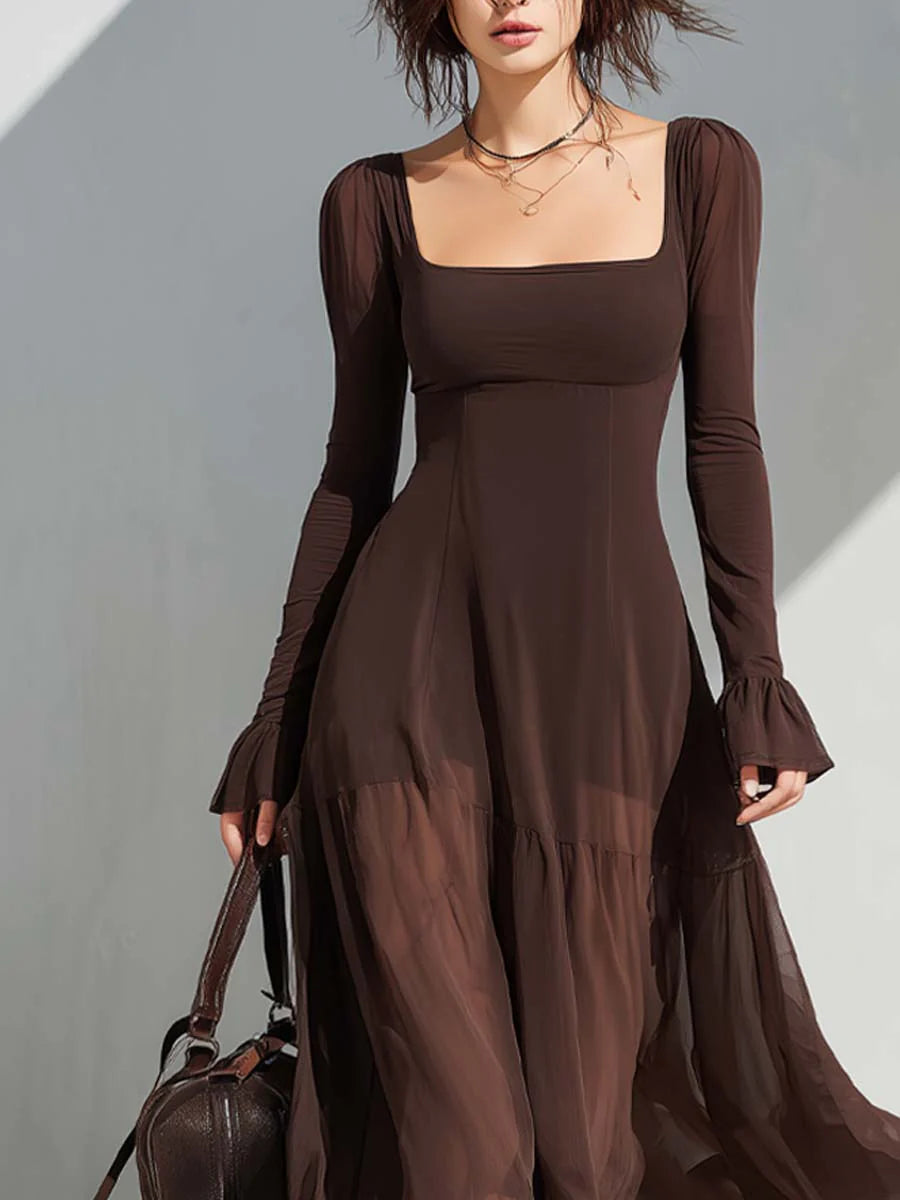 Vintage Vierkante Hals Doorzichtige Mouwen Flare Midi Jurk