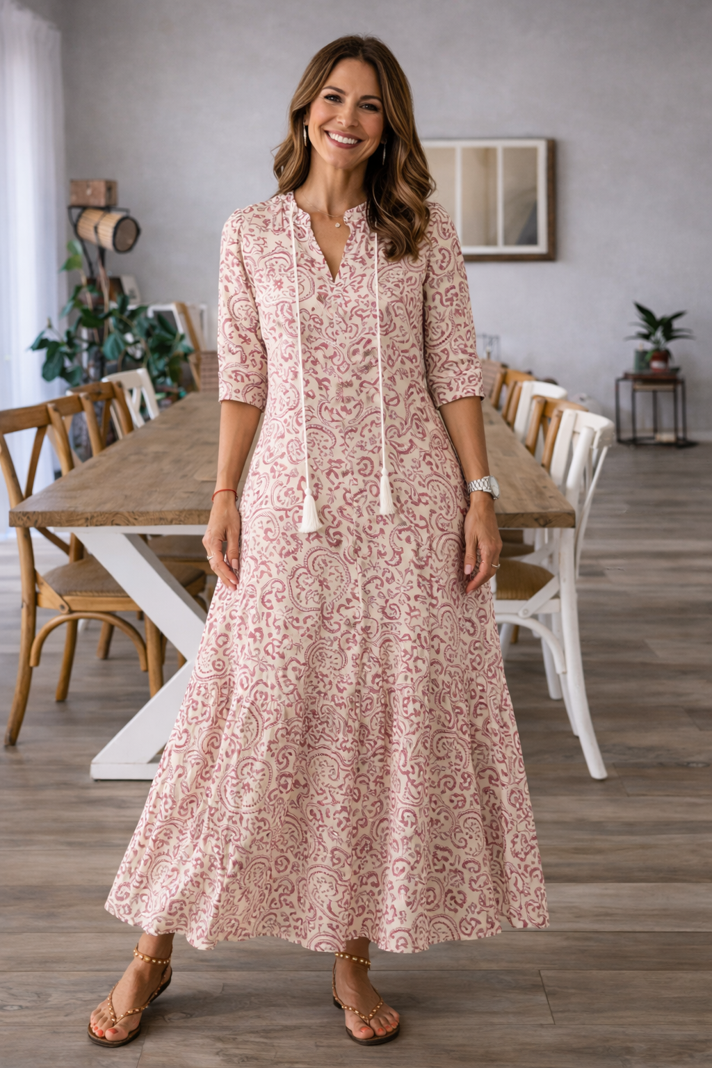 Camila - Maxi Jurk met Luchtige V-hals jurk en driekwartsmouwen