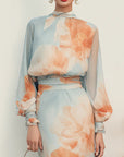 Romantische Bloemen Mock Neck Lange Mouwen Top Met Rok Twee-delige Set