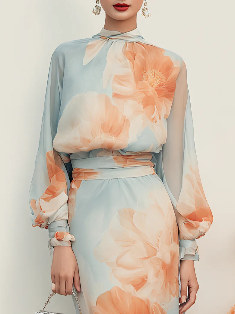 Romantische Bloemen Mock Neck Lange Mouwen Top Met Rok Twee-delige Set