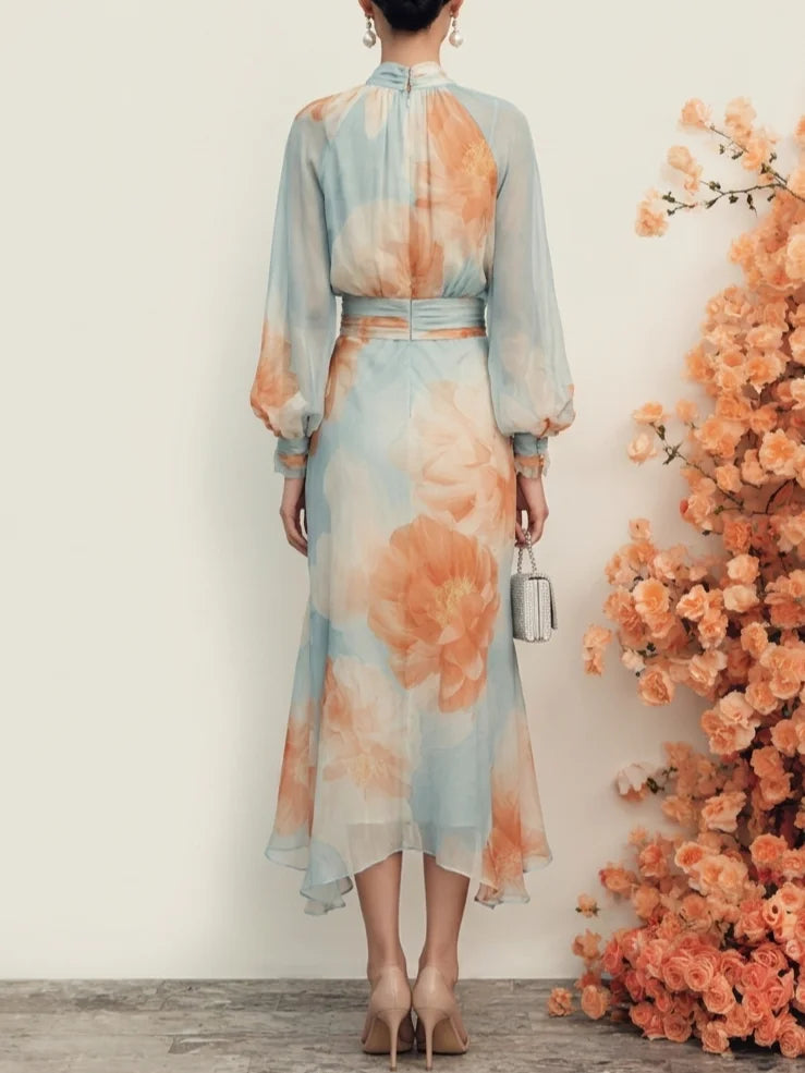 Romantische Bloemen Mock Neck Lange Mouwen Top Met Rok Twee-delige Set