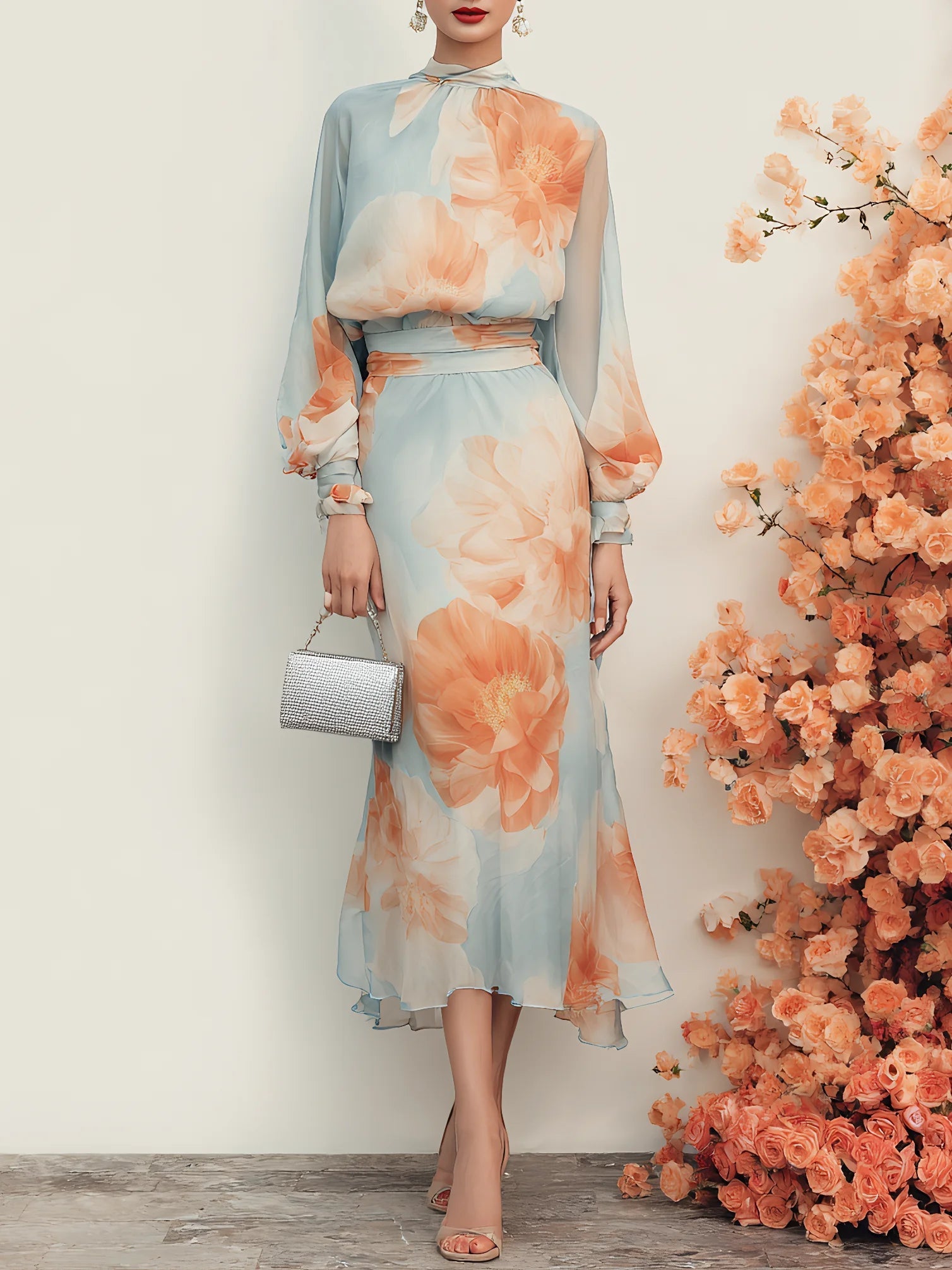 Romantische Bloemen Mock Neck Lange Mouwen Top Met Rok Twee-delige Set