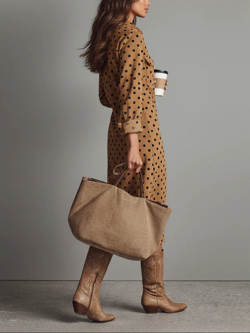 Polka Dot Faux Suede Hemd Midi Jurk