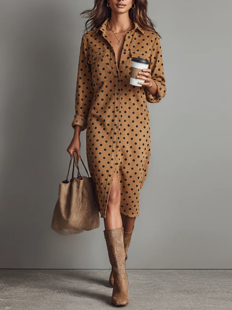Polka Dot Faux Suede Hemd Midi Jurk