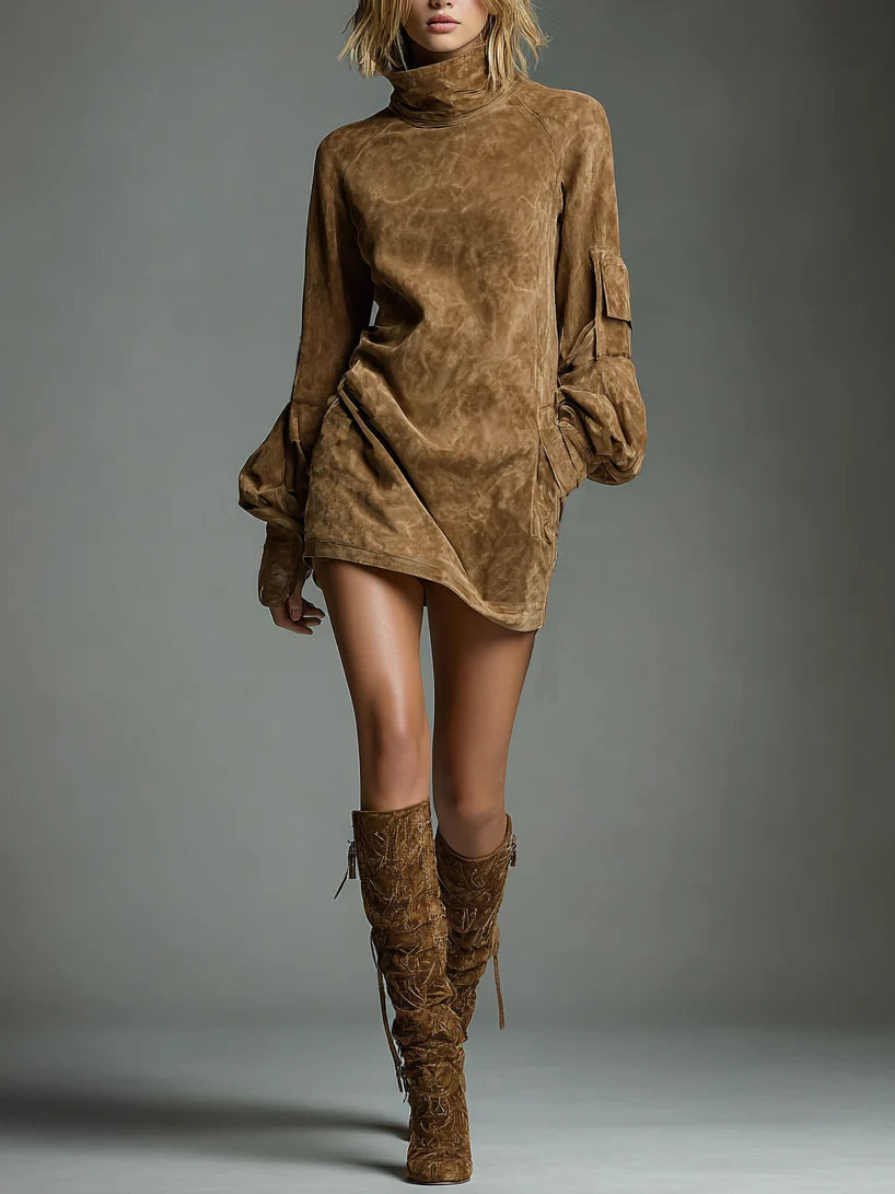 Manon - Losse minijurk van suede met hoge hals