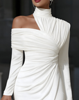Witte Asymmetrische Drapé Hoge Hals Eén-Schouder Midi Jurk