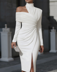 Witte Asymmetrische Drapé Hoge Hals Eén-Schouder Midi Jurk