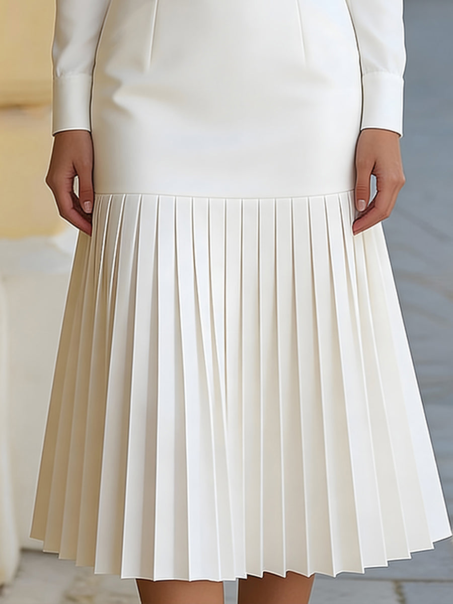 Witte Coltrui Lange Mouwen Plissé Midi Jurk (met riem)
