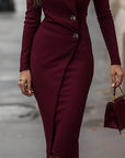 Bordeaux Wrap-Style Knop Midi Jurk