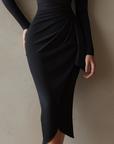 Zwarte Een-Schouder Drapé Bodycon Midi Jurk