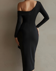 Zwarte Een-Schouder Drapé Bodycon Midi Jurk