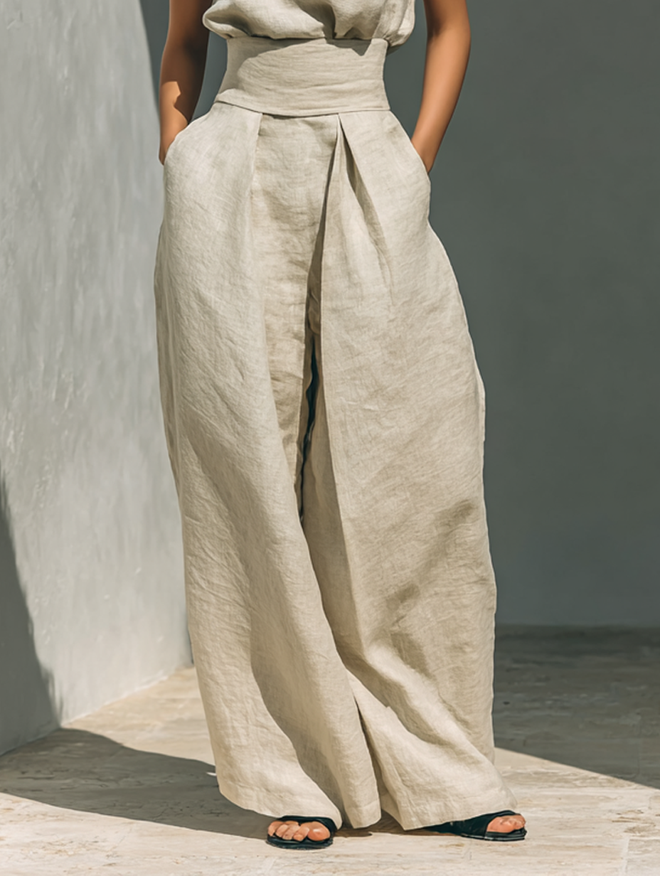 Julie™ | Twee-delig beige linnen set met mouwloze top en brede broek