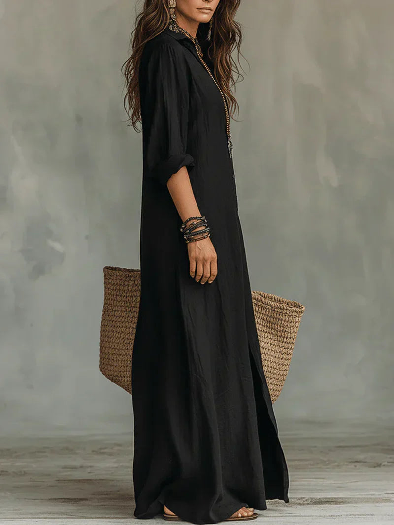 Céline™ | Maxi Zwarte Jurk met Knopen