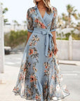 Bloemenprint V-hals Korte Mouw Strik Taille Midi Jurk