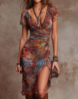 Bohemian Abstracte Kunstprint V-hals Plissé Midi Jurk