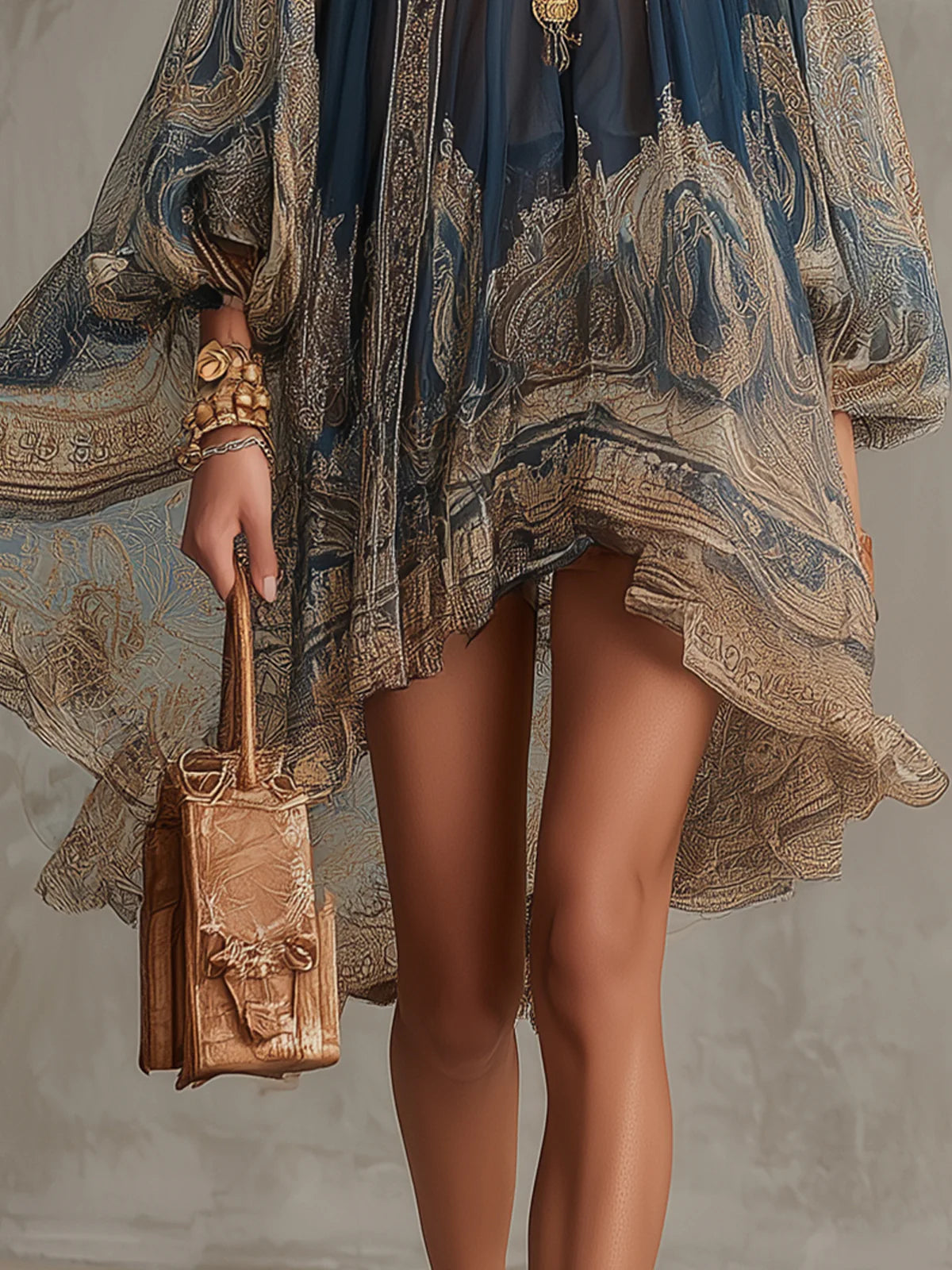Bérénice | Mini Jurk in Asymmetrische Georgette met Marineblauw Barokprint en Hoge Hals