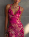 Fuchsia Bloemenprint Mouwloze Rimpelzijde Split Bodycon Jurk
