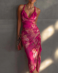 Fuchsia Bloemenprint Mouwloze Rimpelzijde Split Bodycon Jurk