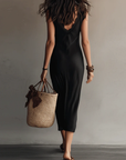 Bohemian Zwarte Mouwloze Kant V-Hals Midi Jurk