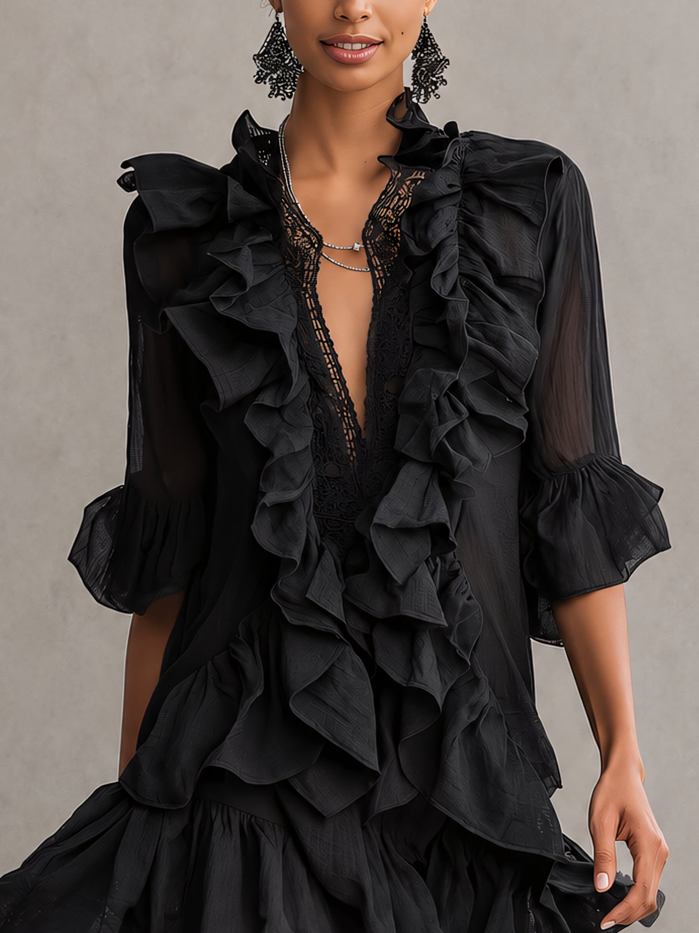 Anaïs | Mini Jurk in Zwart Georgette met Volants
